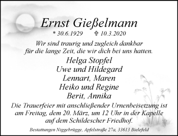 Traueranzeige von Ernst Gießelmann von Neue Westfälische