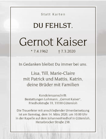 Traueranzeige von Gernot Kaiser von Neue Westfälische