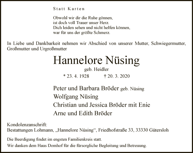  Traueranzeige für Hannelore Nüsing vom 25.03.2020 aus Neue Westfälische
