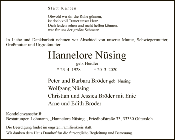 Traueranzeige von Hannelore Nüsing von Neue Westfälische