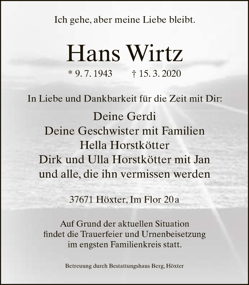  Traueranzeige für Hans Wirtz vom 19.03.2020 aus Neue Westfälische