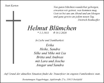 Traueranzeige von Helmut Blümchen von Neue Westfälische