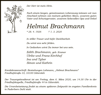 Traueranzeige von Helmut Brachmann von Neue Westfälische