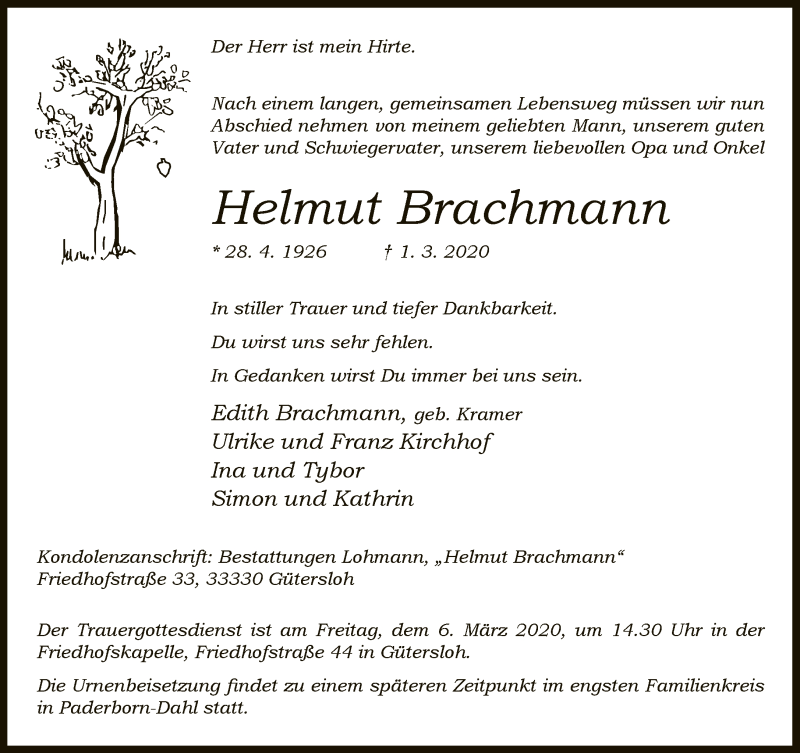  Traueranzeige für Helmut Brachmann vom 04.03.2020 aus Neue Westfälische