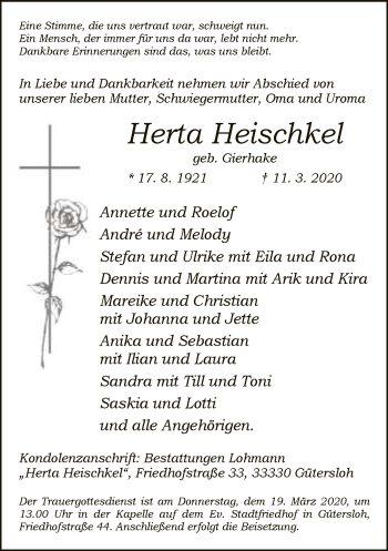 Traueranzeige von Herta Heischkel von Neue Westfälische