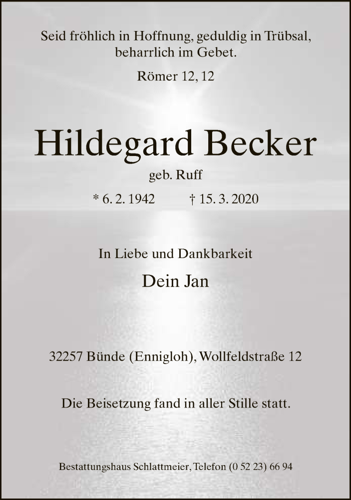  Traueranzeige für Hildegard Becker vom 28.03.2020 aus Neue Westfälische