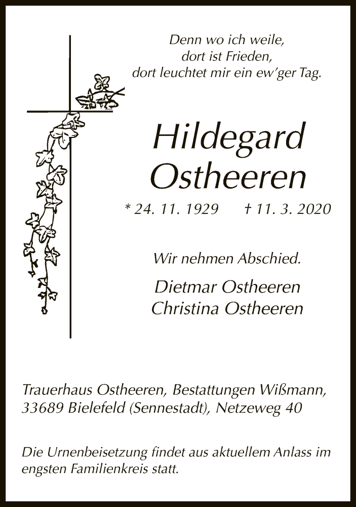  Traueranzeige für Hildegard Ostheeren vom 21.03.2020 aus Neue Westfälische