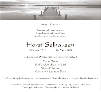 Traueranzeige von Horst Selhausen von Neue Westfälische