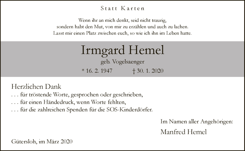  Traueranzeige für Irmgard Hemel vom 07.03.2020 aus Neue Westfälische