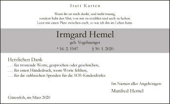 Traueranzeige von Irmgard Hemel von Neue Westfälische
