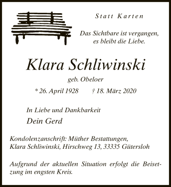 Traueranzeige von Klara Schliwinski von Neue Westfälische