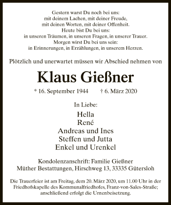 Traueranzeige von Klaus Gießner von Neue Westfälische