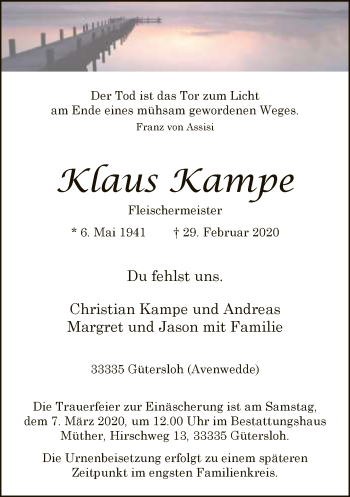 Traueranzeige von Klaus Kampe von Neue Westfälische