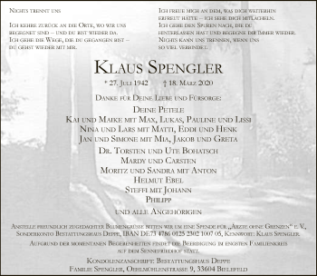 Traueranzeige von Klaus Spengler von Neue Westfälische