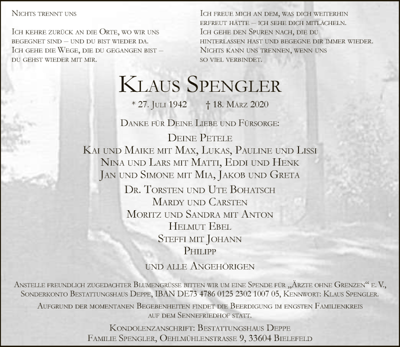  Traueranzeige für Klaus Spengler vom 21.03.2020 aus Neue Westfälische