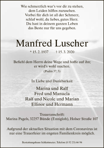 Traueranzeige von Manfred Luscher von Neue Westfälische