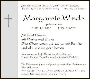 Traueranzeige von Margarete Winde von Neue Westfälische