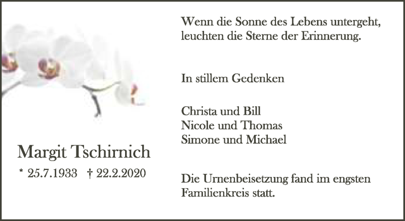  Traueranzeige für Margit Tschirnich vom 25.03.2020 aus Neue Westfälische