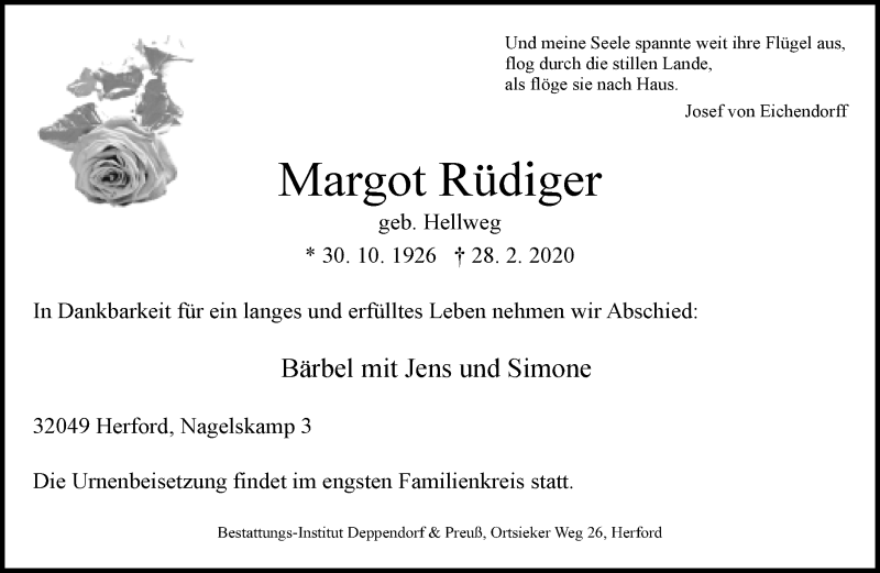  Traueranzeige für Margot Rüdiger vom 07.03.2020 aus Neue Westfälische