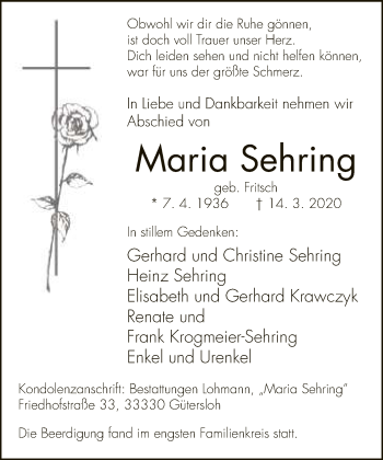 Traueranzeige von Maria Sehring von Neue Westfälische