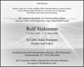 Traueranzeige von Rolf Siekmann von Neue Westfälische