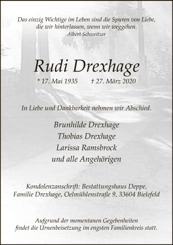 Traueranzeige von Rudi Drexhage von Neue Westfälische
