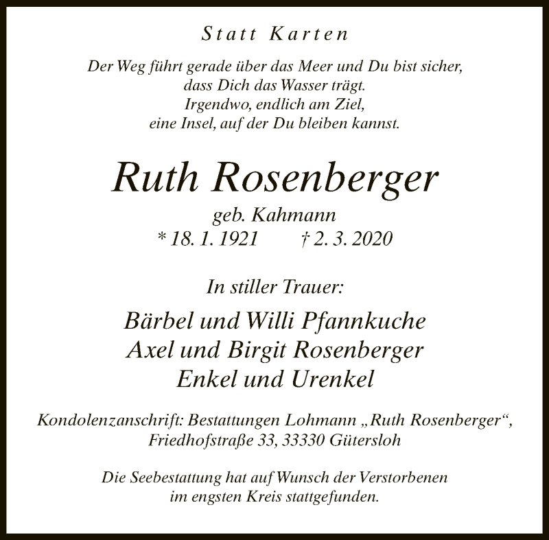  Traueranzeige für Ruth Rosenberger vom 21.03.2020 aus Neue Westfälische