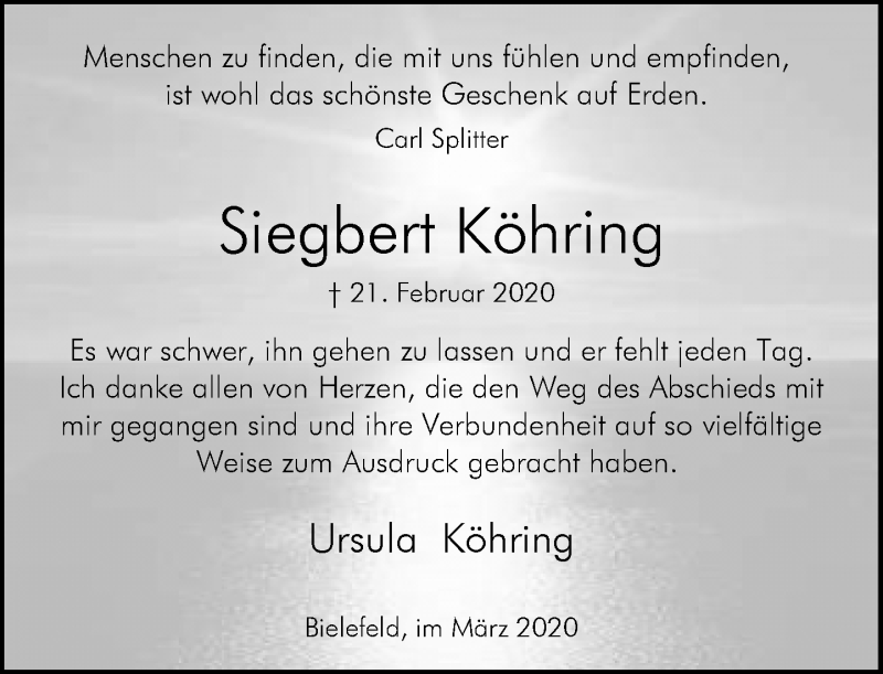  Traueranzeige für Siegbert Köhring vom 28.03.2020 aus Neue Westfälische
