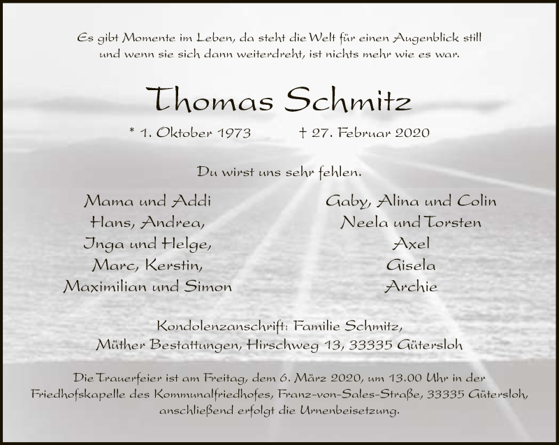  Traueranzeige für Thomas Schmitz vom 03.03.2020 aus Neue Westfälische