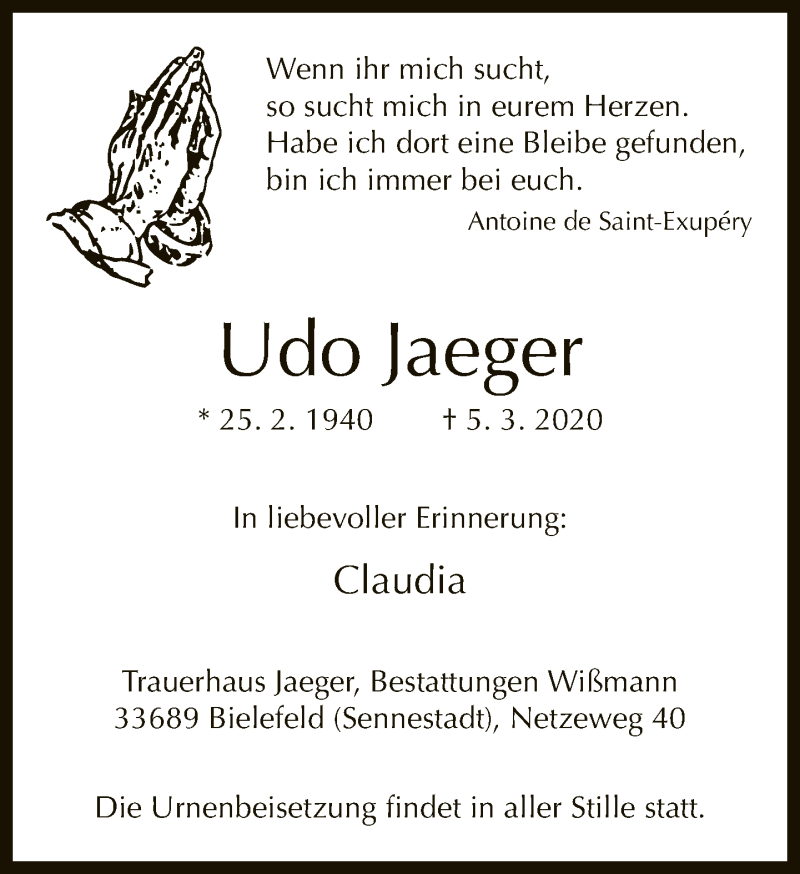  Traueranzeige für Udo Jaeger vom 14.03.2020 aus Neue Westfälische