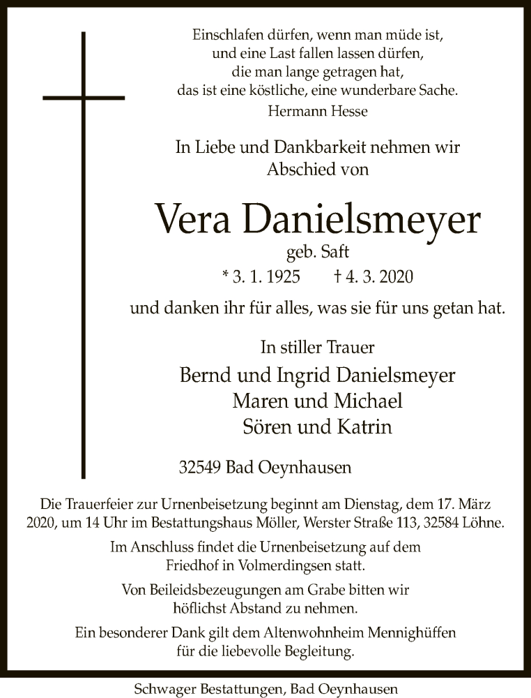  Traueranzeige für Vera Danielsmeyer vom 14.03.2020 aus Neue Westfälische