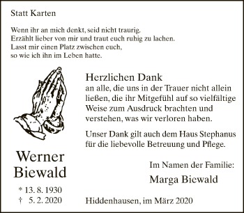 Traueranzeige von Werner Biewald von Neue Westfälische