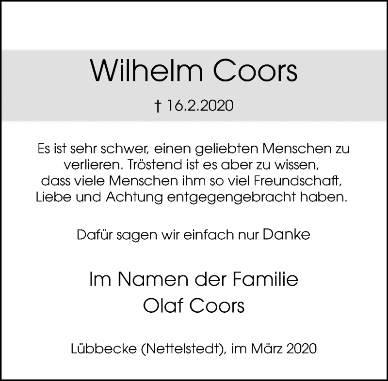 Traueranzeige für Wilhelm Coors vom 21.03.2020 aus Neue Westfälische