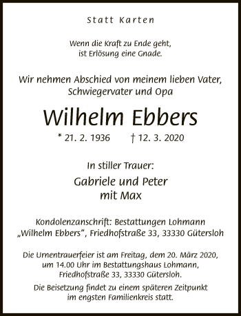 Traueranzeige von Wilhelm Ebbers von Neue Westfälische
