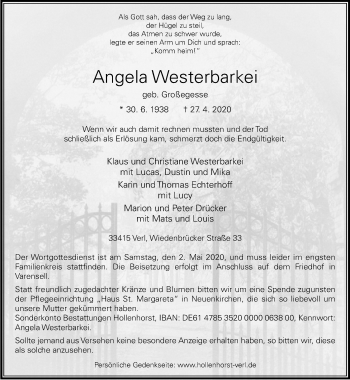 Traueranzeige von Angela Westerbarkei von Neue Westfälische