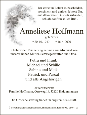 Traueranzeige von Anneliese Hoffmann von Neue Westfälische