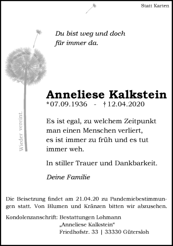 Traueranzeige von Anneliese Kalkstein von Neue Westfälische