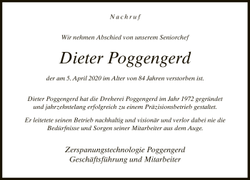 Traueranzeige von Dieter Poggengerd von Neue Westfälische