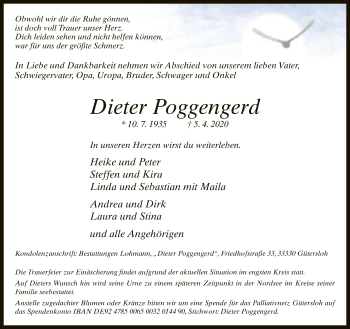 Traueranzeige von Dieter Poggengerd von Neue Westfälische