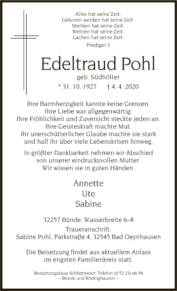 Traueranzeige von Edeltraud Pohl von Neue Westfälische