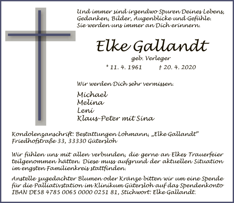  Traueranzeige für Elke Gallandt vom 25.04.2020 aus Neue Westfälische