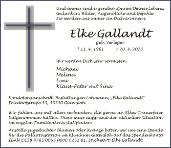 Traueranzeige von Elke Gallandt von Neue Westfälische