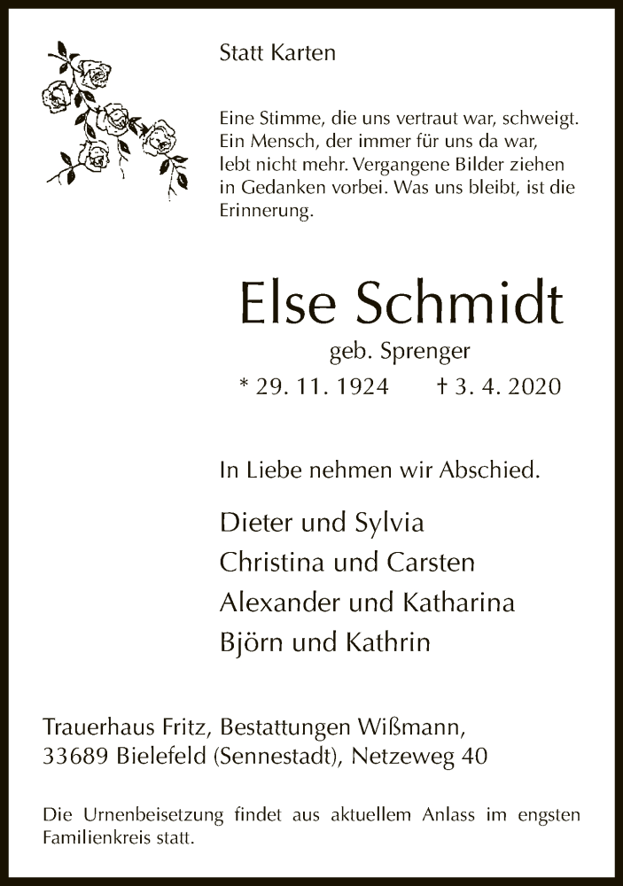  Traueranzeige für Else Schmidt vom 10.04.2020 aus Neue Westfälische