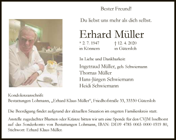 Traueranzeige von Erhard  Müller von Neue Westfälische
