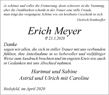 Traueranzeige von Erich Meyer von Neue Westfälische