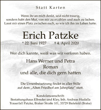 Traueranzeige von Erich Patzke von Neue Westfälische