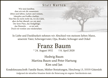 Traueranzeige von Franz Baum von Neue Westfälische