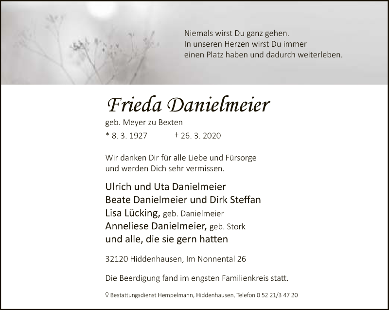  Traueranzeige für Frieda Danielmeier vom 01.04.2020 aus Neue Westfälische