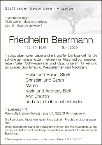 Traueranzeige von Friedhelm Beermann von Neue Westfälische