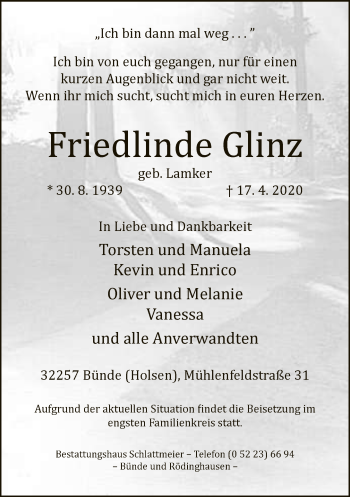 Traueranzeige von Friedlinde Glinz von Neue Westfälische